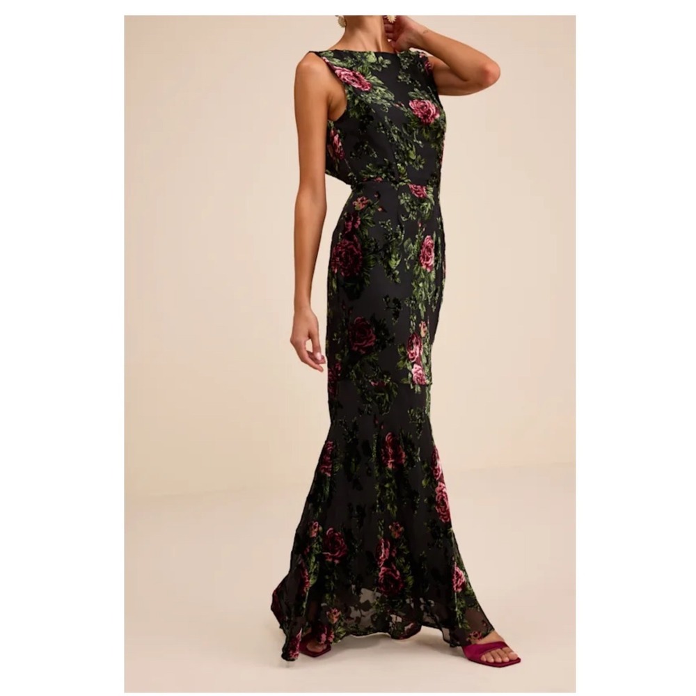 Lulus Decian Black Floral Burnout Cowl Back Maxi Dress Size XL New with tags!